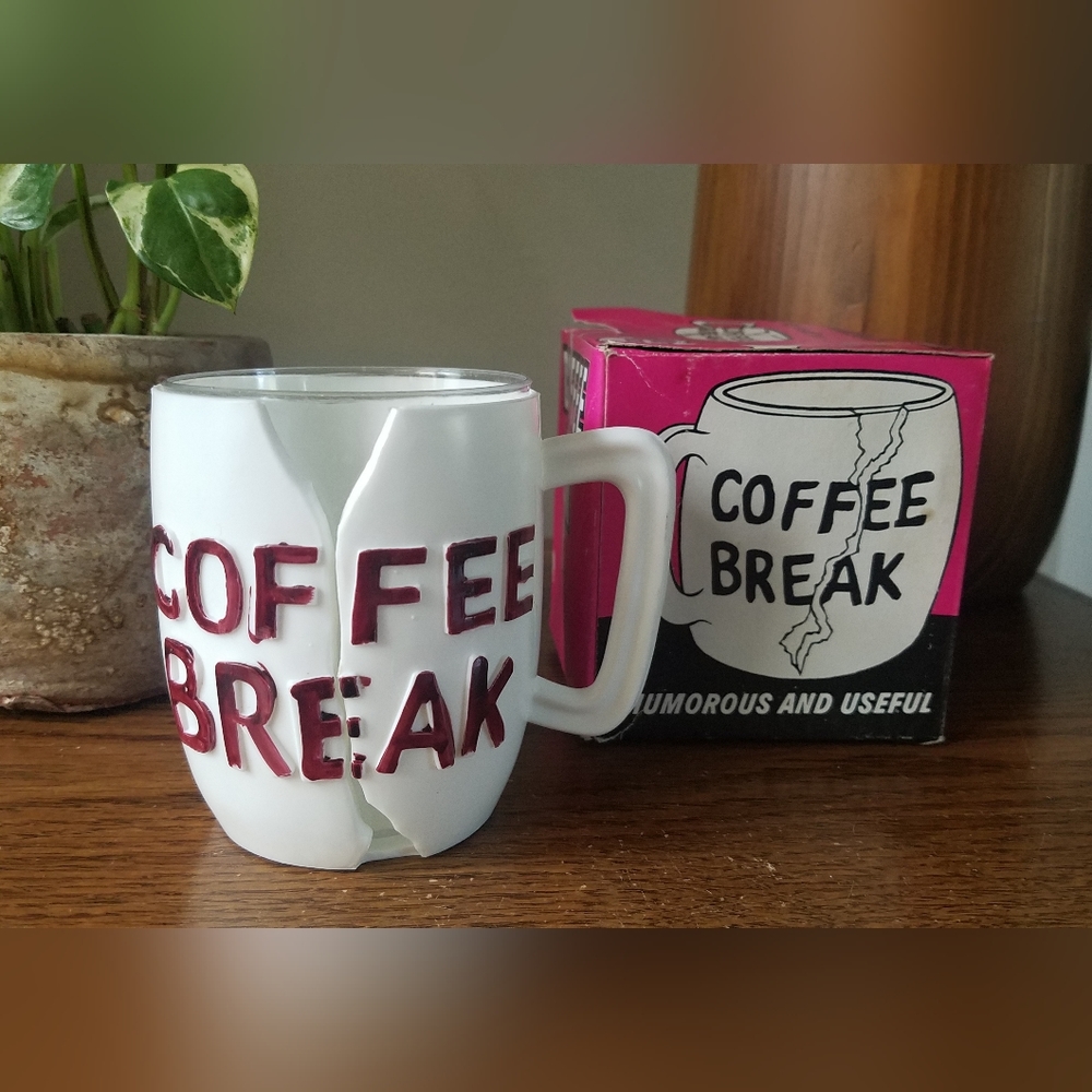 Vintage Novelty Coffee Break Mug in Original Box Hong Kong Plastic